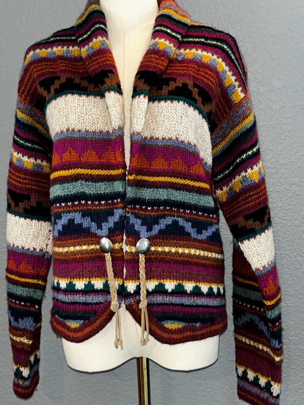 VTG 90s Casual Corner Shetland Wool Aztec Southwestern Cardigan Concho Tassel M